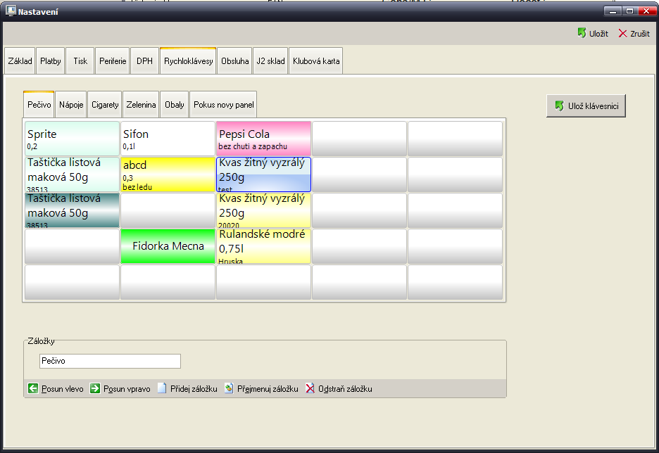 Rychloklávesy. Při práci na dotykové obrazovce nebo s myši lze využít záložky a rychloklávesy k přimému prodeji zboží. Lze využít kolem 12 záložek a na každé 25 rychlokláves.