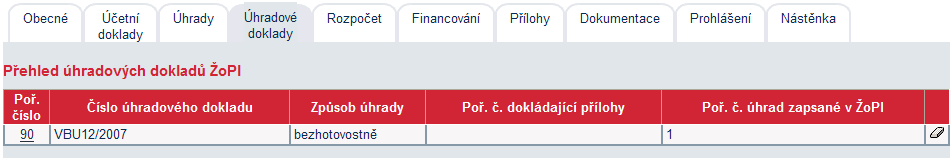 Přehled úhrad ŽoPl na záložce Úhrady Přehled