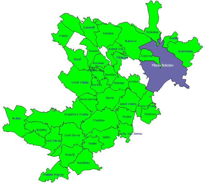 Obrázek 1: Mapa územní působnosti Místní akční skupiny Mladoboleslavský venkov Obce nacházející se na jihozápadním a jižním okraji okresu Mladá Boleslav jsou spjaty historií svého vzniku, sahající