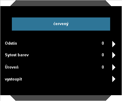 Ovládání Tdstín/Sytost barev/úroveň/vystoupit: S pomocí voleb Tón/ Saturace a Zesílení nastavíte vybranou barvu. Bílý: Pro výběr červených, zelených a modrých barev použijte nebo.