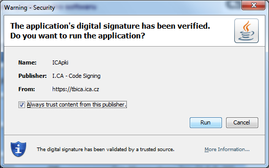 Při dalším spuštění stránek na počítači, kde tato instalace proběhla, již nebudete k opětovnému potvrzování Java Appletu ICApki vyzýváni.