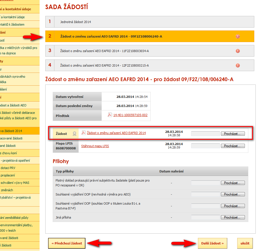 POZOR! U žádosti o změnu zařazení AEO se v roce 2014 nově (edituje) zaškrtává pouze případný nesouhlas s územní změnou a edituje se případný pardonovaný důvod u snížení zařazené výměry.