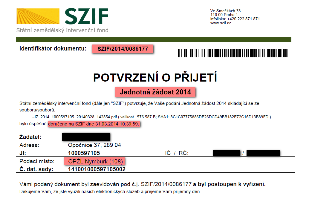 O úspěšném přijetí žádosti je žadatel informován vygenerovaným dokumentem Potvrzení o přijetí, který je možné zobrazit a stáhnout ( STÁHNOUT POTVRZENÍ viz obrázek výše).