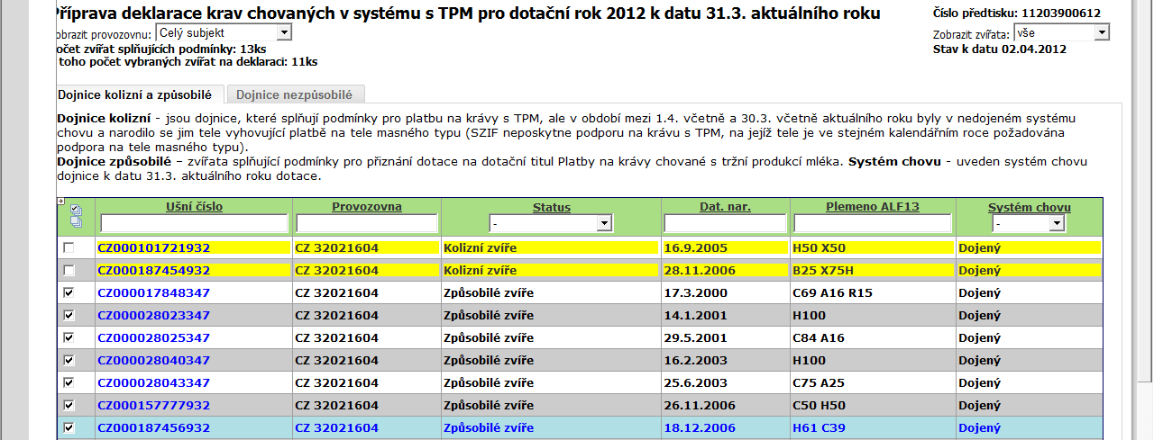 Upozorňujeme žadatele, že přesun zvířat ze záložky nezpůsobilé do záložky způsobilé by se měl provádět pouze ve výjimečných případech v situaci, kdy si je žadatel jist, že provedl opravu v systému