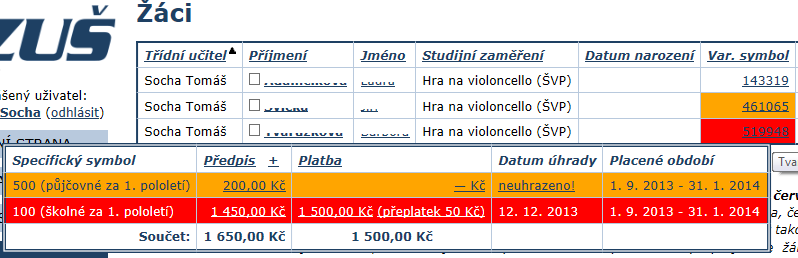 Stav placení - Variabilní symbol Podoba variabilního symbolu žáka zobrazuje stav placení příkazů k úhradě školného a půjčovného.