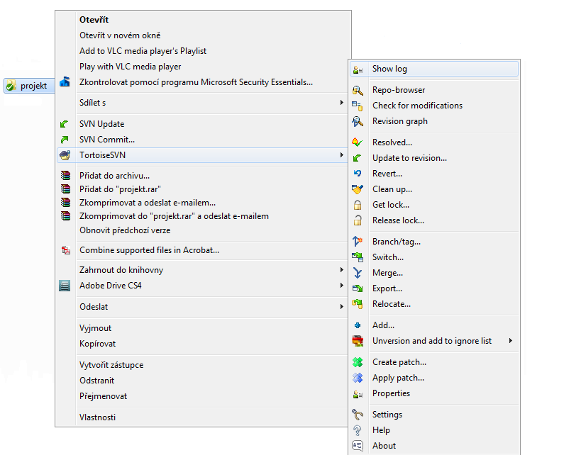 Obrázek 10 Základní menu Tortoise SVN Aplikace TortosieSVN ve svém menu příkazů zahrnuje všechny dostupné příkazy popsané v předchozí kapitole věnované Subversion.