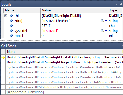 Nástroje Odkazy Obrázek 105 Panel Locals a Call Stack Kromě toho obsahuje.net speciální třídy Debug a Trace z jmenného prostoru System.Diagnostics, s nimiž lze vkládat ladicí informace přímo do kódu.