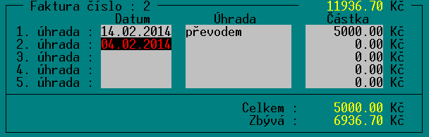 TRIFID 2014 PROFI Aktuální údaje se potom zobrazují v tabulce Platební podmínky.