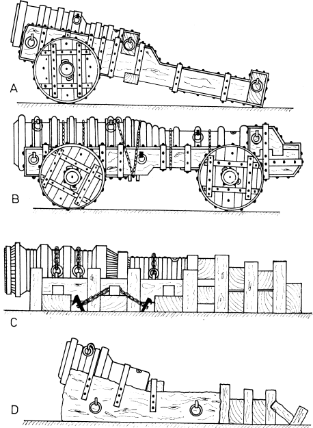 Obr. 5: Nákres rzných typ bombard prozatím bez mítka. A bombarda z r. 1466 pevážela se v celku na vozech. B bombarda zhotovená kolem r. 1481 kola, lafeta a hlave se pevážely samostatn na tech vozech.