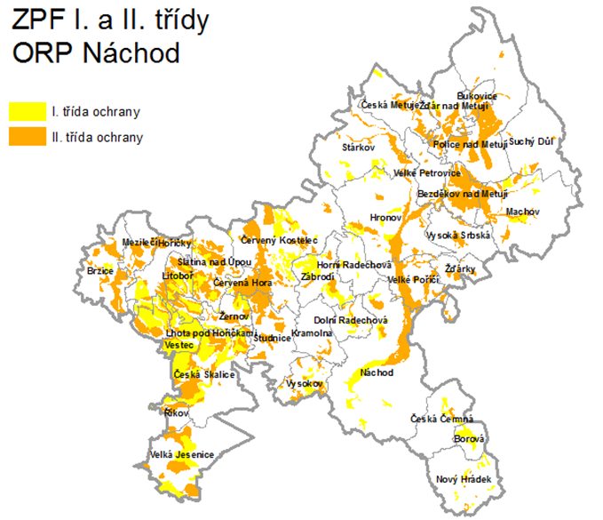 Obrázek č. 3.5.1: ZPF I. a II. třídy ochrany Zdroj: ÚAP, 2014 3.5.2 Pozemky určené k plnění funkce lesa Plochy lesa ORP Náchod je průměrně lesnatým územím lesnatost dosahuje 30,8 %.