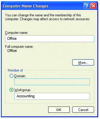V tomto oknì zadejte Název poèítaèe (Computer name). Vyberte Je èlenem Pracovní skupiny (Workgroup) a zadejte název pracovní skupiny.