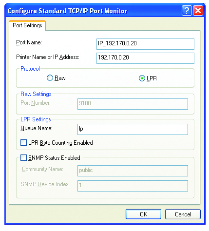 V tomto oknì zvolte Vlastní (Custom). Kliknìte na Nastavení (Settings). Zadejte Název portu (Port Name) a Název èi adresu IP tiskárny (Printer Name or IP address).