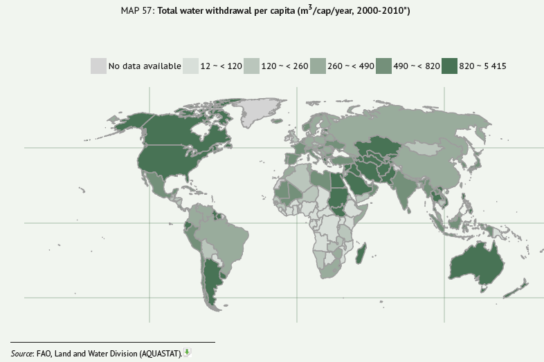 Graf 7 Celkový odběr vody v m 3 na obyvatele za rok v létech 2000-2010 Z uvedeného mapového grafu je vidět, že nejvyšší odběr vody mají USA, Kanada, Argentina, Chile, Egypt, Súdán, Saudská Arábie,