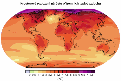 Obr. 2.3 Projekce změn povrchových teplot pro konec 21.století (2090 2099). Mapa znázorňuje průměrnou projekci několika modelů. Všechny teploty jsou brány oproti období 1980 1999.