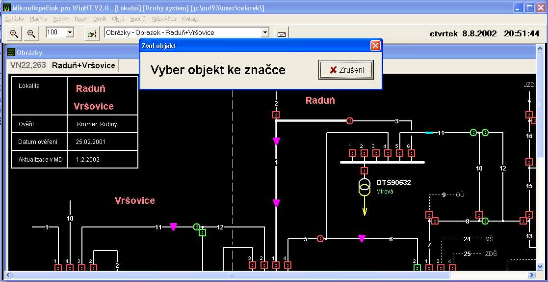 obr. 8 Výběr objektu ke značce Editace textu se provádí z klávesnice, pomocí myši lze pracovat s označeným textem.