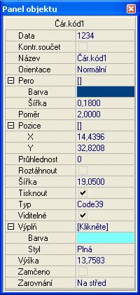 Vlastnosti objektu čárový kód Data čárového kódu (po kliknutí se otevře dialog pro zadání dat, která bude čárový kód obsahovat) Určení zda bude čárový kód obsahovat kontrolní součet (Ano / Ne) Název
