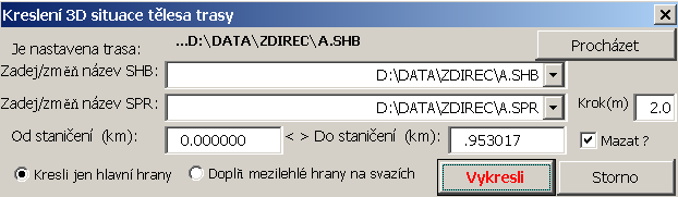 Kresli 3D těleso a 3D osu. Zde se spustí funkce, která vykreslí z databáze projektu RoadPAC situaci tělesa vybrané trasy.