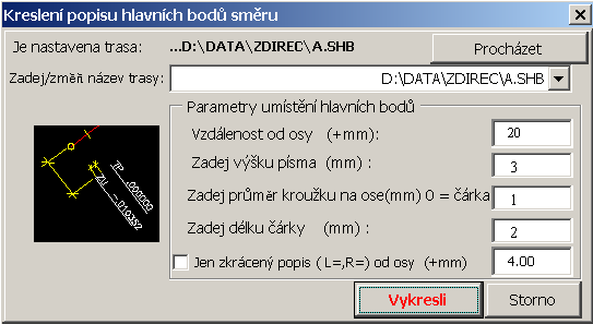 Roadcad7 Staničení příčných řezů.kliknutím do tohoto políčka roletového menu Roadpac7/1, se vyvolá funkce, která je ovládána tímto dialogem.