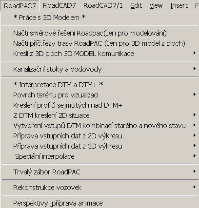 RoadPAC7 Třetí roletové menu zleva. Do tohoto menu jsou soustředěny funkce které spolupracují s externími částmi RoadCAD7 tj. pracují z daty, která nejsou vytvářena nebo čtena přímo touto nadstavbou.