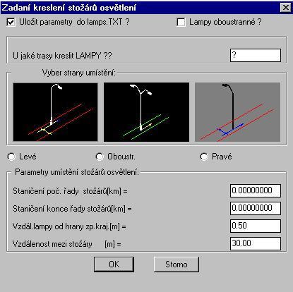 nebo oboustranně a v úsecích od km do km aktivní trasy v zadaném kroku. Sloupky se ukládají do _LAYER PSLOUPKY, LSLOUPKY. Funkce je ovládána DCL panelem na předcházejí staně.