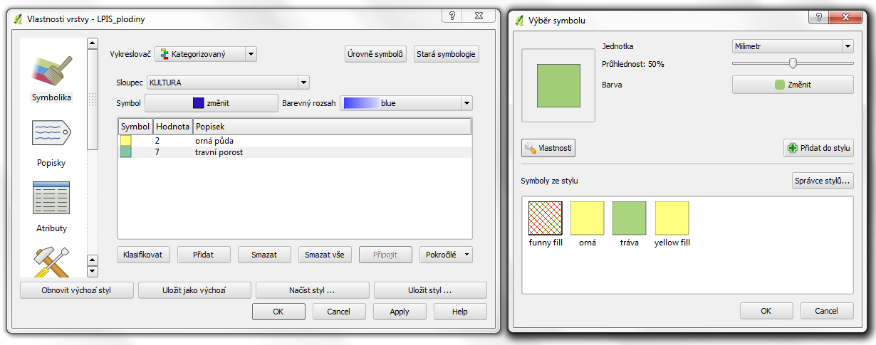 Stará symbologie Nová symbologie 3. Nastavení popisků vrstev Po zapnutí vrstev vidíme půdní bloky klasifikované dle kultury, pod nimi prosvítá letecké ortofoto. Nyní vybavíme kresbu popisy.