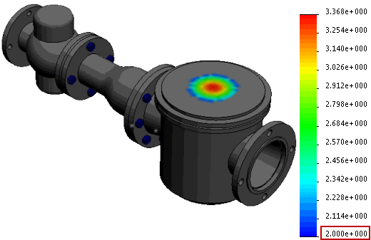 SOLIDWORKS Simulation Graf posunutí s automaticky nastavenou maximální a minimální hodnotou.