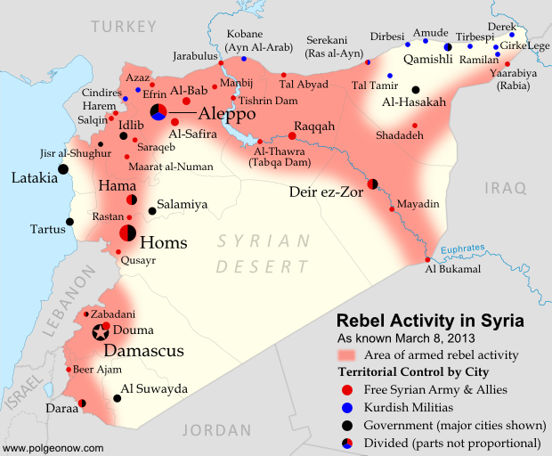 6 Přílohy Mapa syrského povstání (březen 2013) (Political Geography Now. 2013. Syria Uprising Map: March 2013 (#9).