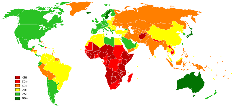 Mapa světa zobrazující očekávanou délku života při narození