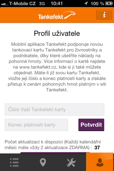 V základním nastavení lze zvolit typ paliva a způsob řazení, uživatelé karet Tankefekt mohou vložením čísla karty zjistit ceny v síti Tankefekt Nastavení preferencí a profilu uživatele, informace o