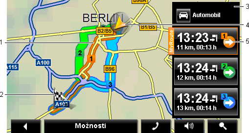 1 Je-li aktivována funkce MyRoutes, zobrazí se na mapě až tři očíslované trasy v různých barvách (oranžová, zelená, modrá).