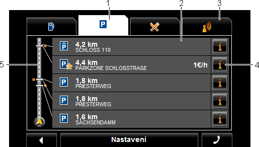 Na trase je mimoto vyznačeno, zda se nachází důležité místo vpravo ( ) nebo vlevo ( ) ve směru jízdy. Upozornění: Panel Cíle na trase se po několika sekundách opět zavře.