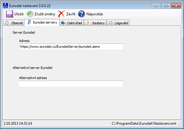 Záložka Eurodat servery Na této záložce se nastavuje adresa serveru EuroDat, se kterým klient komunikuje.