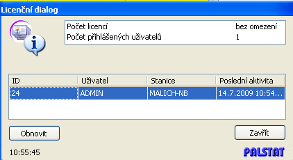 4.2.2 Seznam přihlášených uživatelů Tento nástroj slouží zejména pro administrátory SW Palstat. V okně jsou informace o počtu licencí a pracujících uživatelích. 4.2.3 Změna názvů položek Funkce sloužící pro: - Přejmenování polí pokud je to tvůrcem SW nebo správcem SW Palstat povoleno.