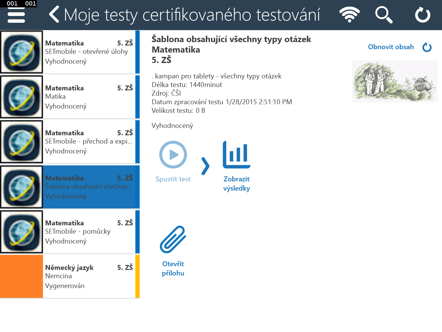 2.3.2 Oddělené zobrazení seznamů a detailů testů a výsledků Při použití telefonu (s ohledem na menší uhlopříčku displeje) jsou stránky zobrazující seznam testů (výsledků) a detail