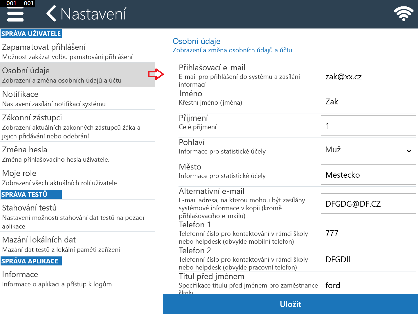 7.1.2 Osobní údaje V nastavení Osobní údaje je možné změnit osobní údaje