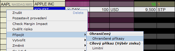 4. V řádku KOUPIT příkazu klikněte pravým tlačítkem a zvolte Připojit a Ohraničené příkazy, což Vám vytvoří 2 prodejní příkazy (stop-loss a cílovou cenu). 5.