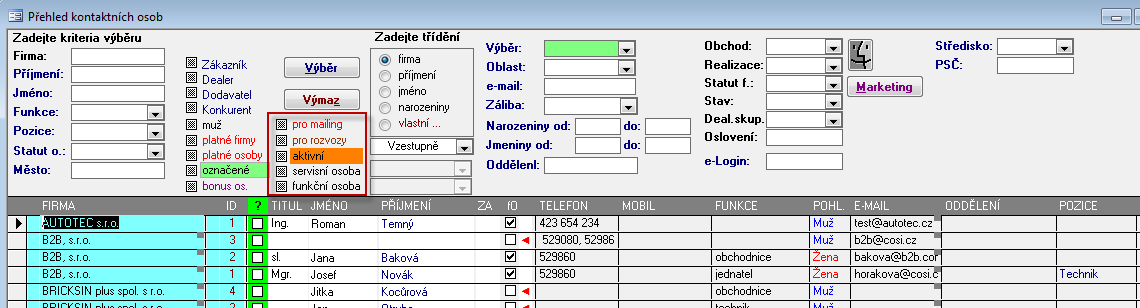 Kontakty 15 Do přehledu kontaktích osob přibyl filtr na možnost výběru osob, servisních, pro mailing a pro rozvozy.