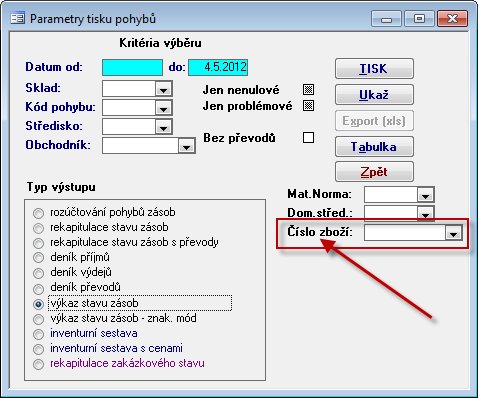 Sklad 53 Parametry tisku pohybů Do formuláře Parametry tisku pohybů (Sklad-Rekapitulace) byla doplněna k typu výstupu "výkaz stavu zásob" filtrace na číslo zboží.