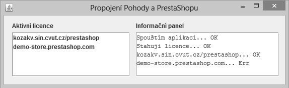 4. Implementace Obrázek 4.2: GUI aplikace Okno informační panel představuje velmi jednoduchý výpis stavu aplikace. Po startu aplikace se nejprve spustí embedovaný Tomcat a ověří se, zda je dostupný.