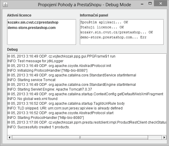 4.4. GUI aplikace pro spuštění lokální služby Obrázek 4.3: GUI aplikace debug mód 4.4.4 Struktura adresáře s programem Adresář s programem obsahuje následující strukturu: conf/ config.properties.