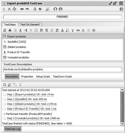 5. Funkční testování Obrázek 5.1: Úspěšný průběh testu v programu SoapUI 5.3 Kontrola tvorby kategorií Funkční testy pro ostatní položky fungují podobným způsobem jako kontrola produktů.