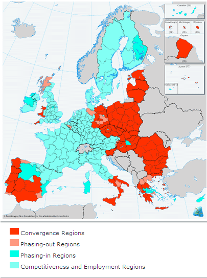 Obr. 1: Vymezení problémových regionŧ EU v programovacích obdobích 2004 2006 (vlevo) a 2007 2013 (vpravo) Pramen: Regional Policy Inforegio Pozn.