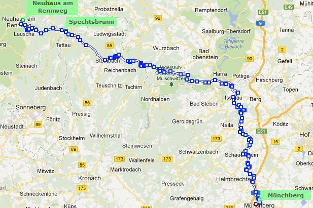III. etapa (čtvrtek): Spechtsbrunn Münchberg 79 km Alternativní start (89 + 3 km): Neuhaus am Rennweg, die Holzkirche Start (78 +3 km): Spechtsbrunn, Pension Am Rennsteig, 036703/80389 GPS N 50 29.