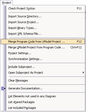 Při generování se volí možnost Merge Program Code from UModel Project. Poté se zobrazí okno s nastavením synchronizace (obr.