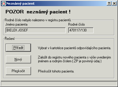 - 5 - Načítání dat Vlastní načítání probíhá tak, že program především kontroluje příslušnost pacienta do ordinace. Kontrola se provádí podle rodného čísla (jméno je druhotné).