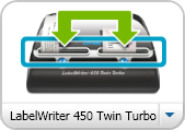 Tisk štítků Model Twin Turbo s vybranou levou rolí Při tisku na tiskárně LabelWriter Twin Turbo musíte vybrat tiskárnu tak, aby byla zvýrazněna role štítků, na kterou chcete tisknout.