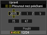 Základní nastavení při prvním zapnutí fotoaparátu Po prvním vložení baterie do fotoaparátu se na displeji zobrazí stránka určená k nastavení jazyka displeje, datumu a času.