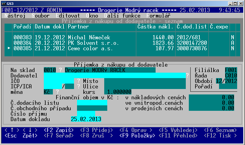 Obr. č. 9: Pořízení nové příjemky Zdroj: Program GS-STORE, 2013 Do pole sklad se vyplní číslo 0010, které náleží skladu drogerie G + B. Pomocí IČO se doplní veškeré informace o dodavateli.