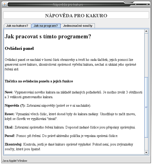 Obrázek 20: GUI: Okno nápovědy programu (zmenšeno na 60% původní velikosti). Barevné verze obou obrázků jsou vyobrazeny v příloze.