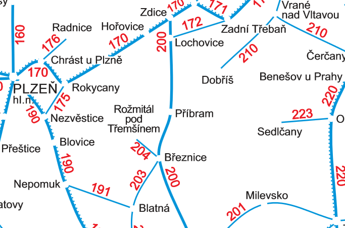 Obrázek 4.4: Schéma železničních tratí v okolí Příbrami Zdroj: ČD Nákladní železniční doprava na této trati je provozována v omezeném rozsahu jako místní i tranzitní.